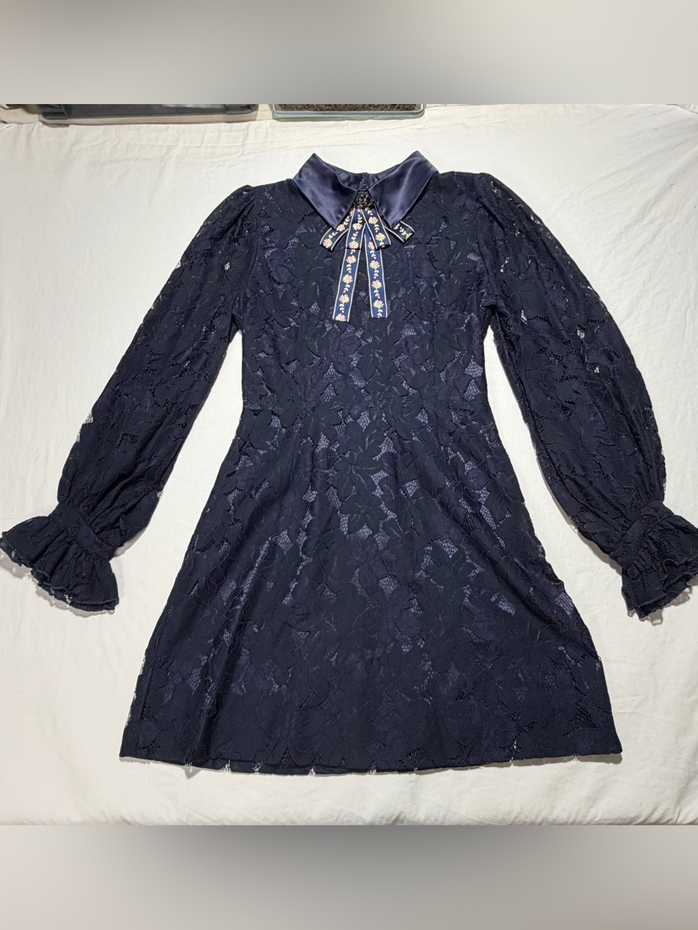 Navy Lace Long Sleeve Dress with Ribbon Collar